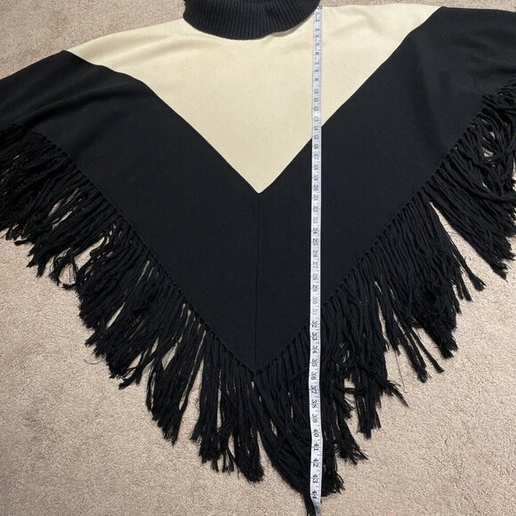 Fiore Bella Cowl Neck Poncho Women's M Cream/Black Merino Wool Blend Fringe Boho - Picture 7 of 10